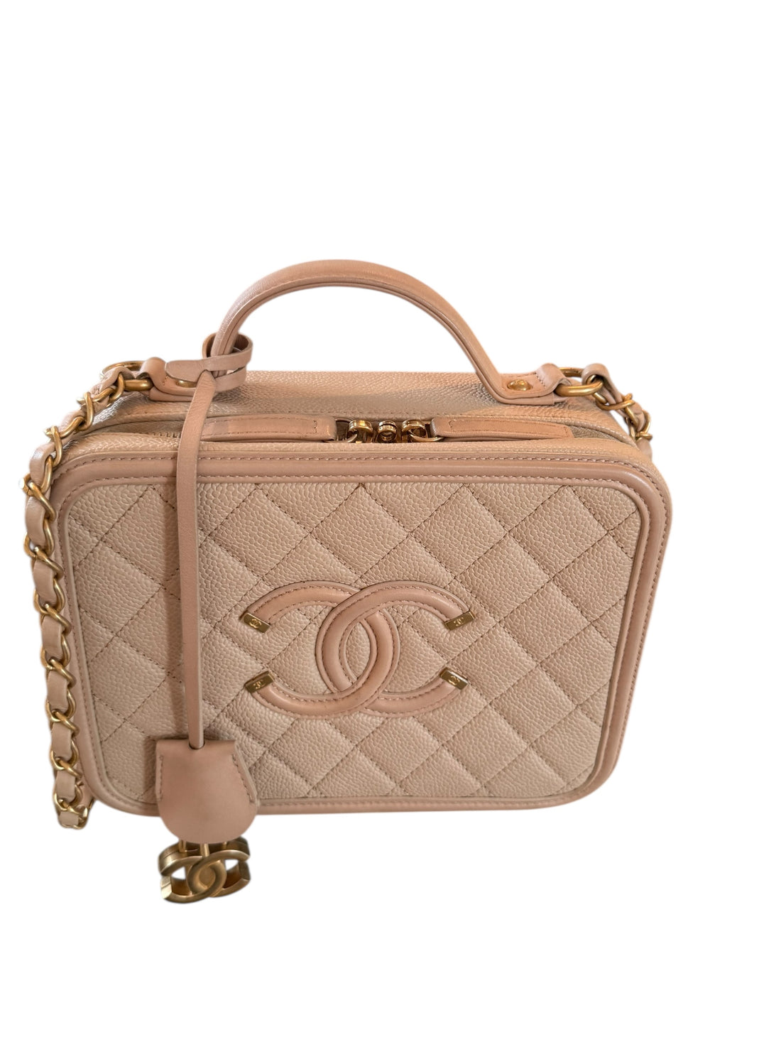 Chanel Vanity Case Medium aus strapazierfähigem Caviar-Leder in Beige