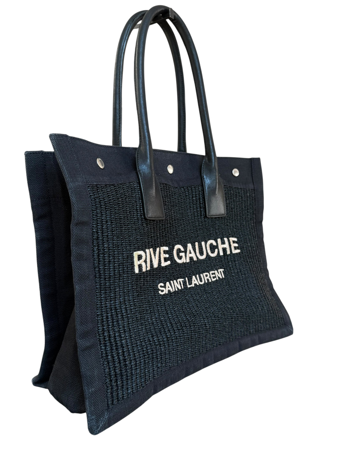YSL Saint Laurent Rive Gauche Shopper Totebag Medium aus Canvas (Leinen) und Ledergriffen in der Farbe schwarz.