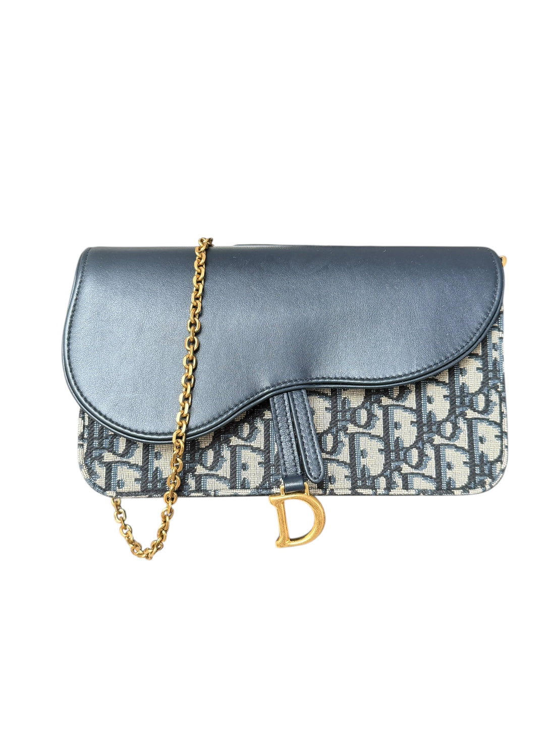 Dior Saddle Pouch mit Kette in Dior Oblique Jacquard und glattem Kalbsleder in Blau.
