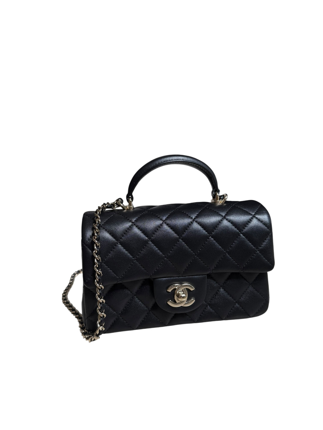 Chanel Mini Classic Flap Bag Handle aus schwarzem Lammleder