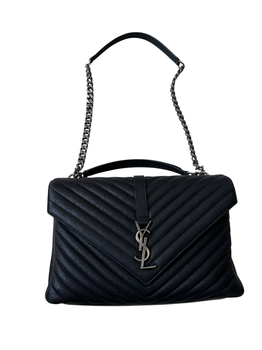 YSL Saint Laurent Collège Schultertasche Large aus gestepptem schwarzem genarbtem Leder mit silbernen Beschlägen