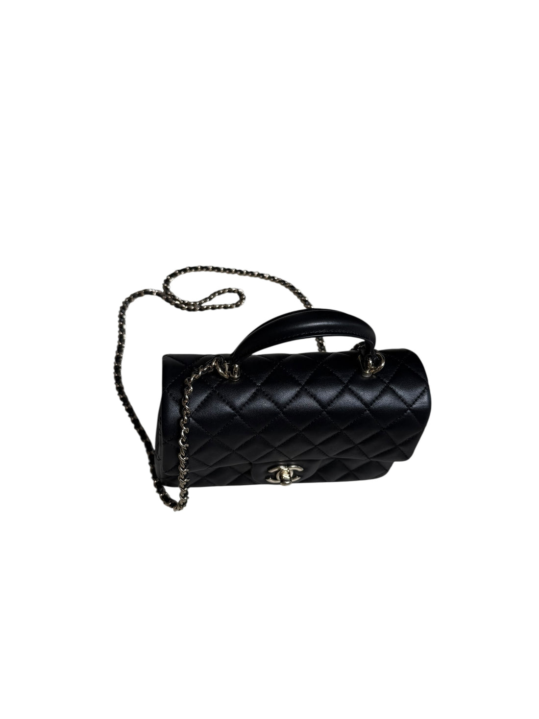 Chanel Mini Classic Flap Bag Handle aus schwarzem Lammleder