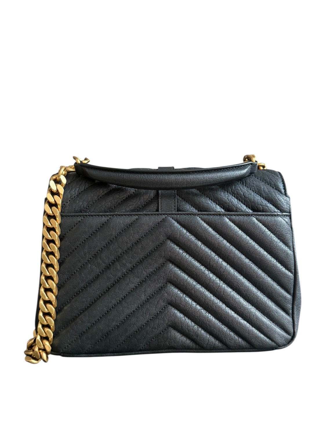 YSL Saint Laurent Collège Medium Schultertasche aus gestepptem schwarzem genarbtem Leder