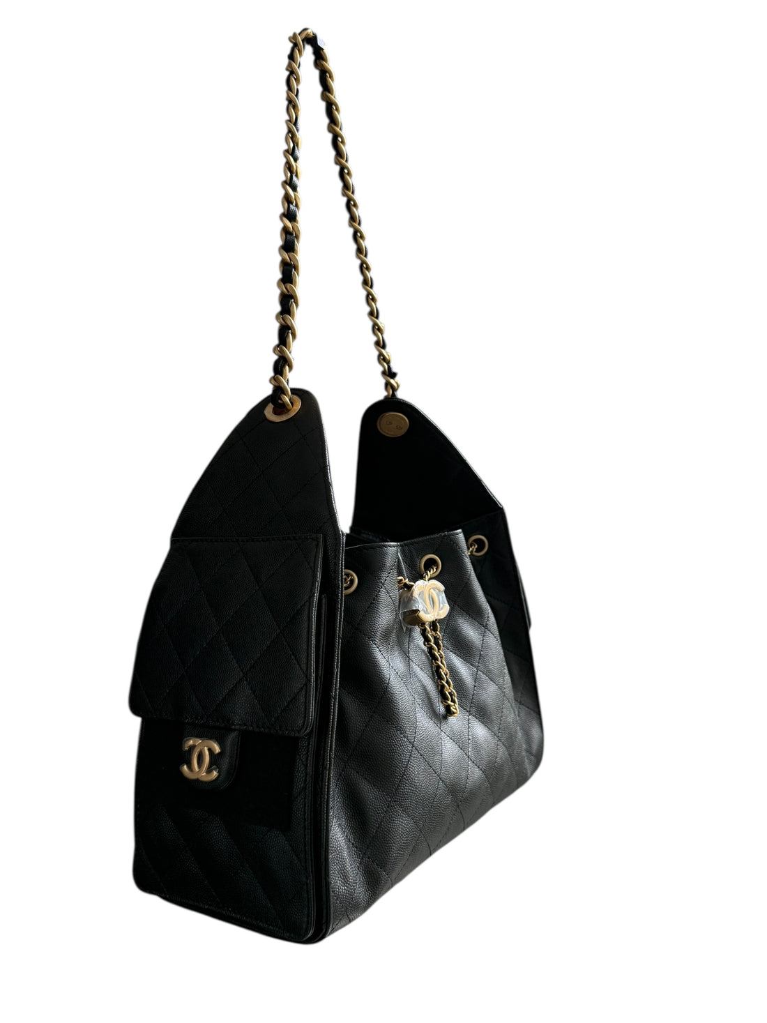 Chanel 25 kleine Hobo Bag aus schwarzem Caviarleder und goldfarbener Hardware