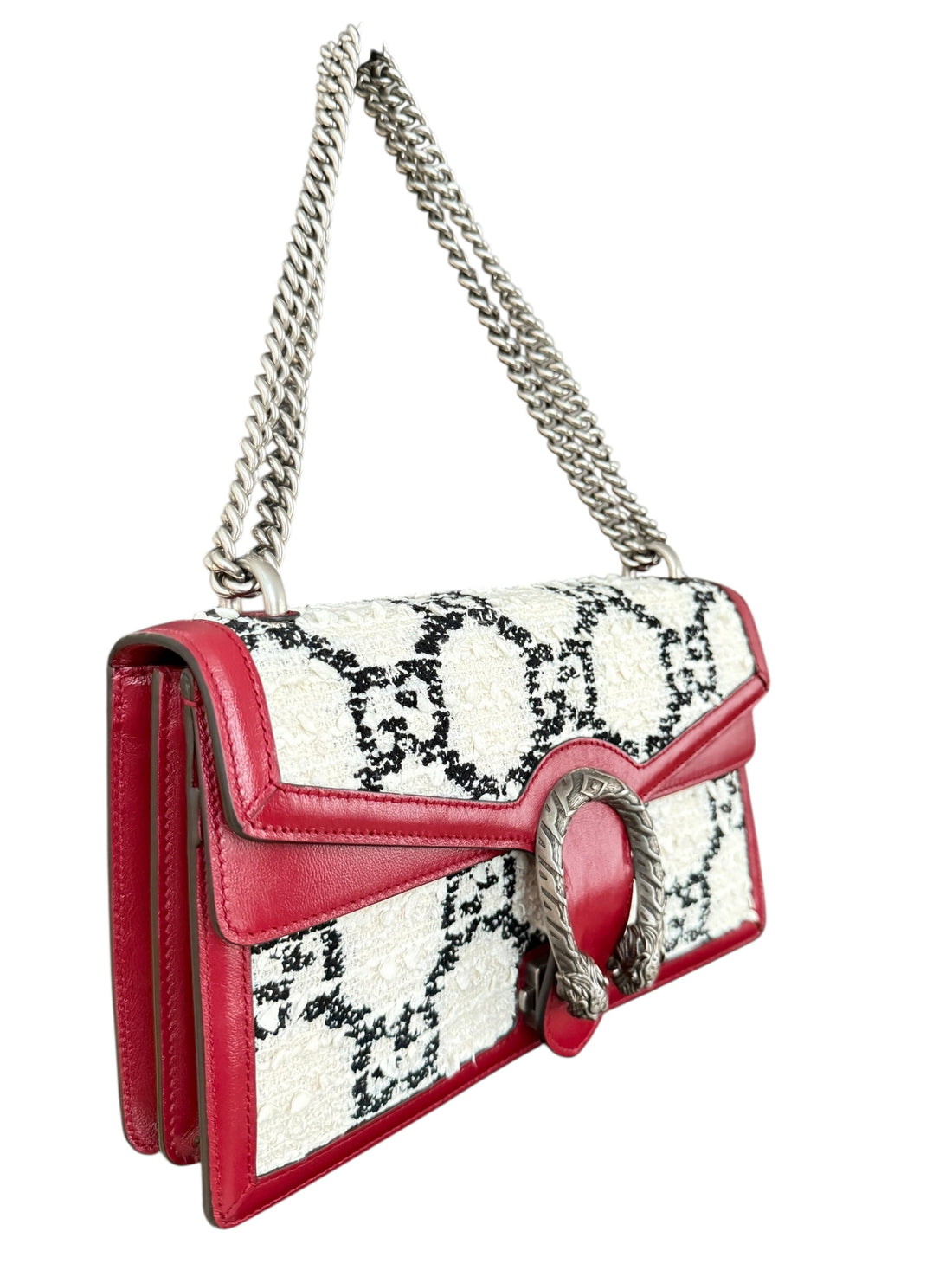 Gucci Dionysus GG Schultertasche Tweed schwarz/weiss/rot.