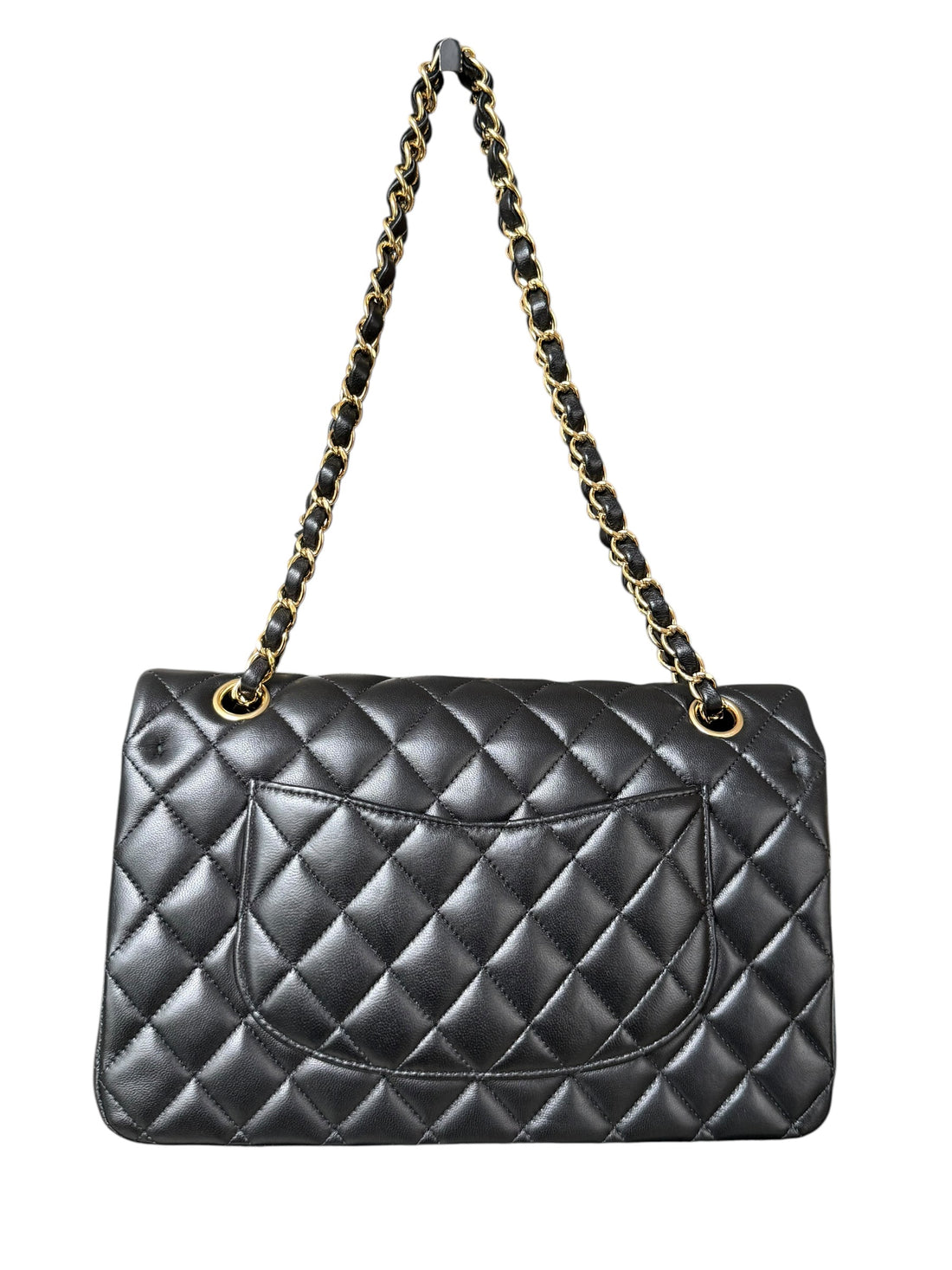 Chanel Classic Medium Timeless Double Flap Bag aus schwarzem Lammleder und goldfarbener Hardware