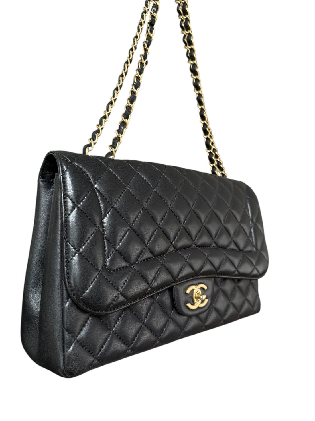 Chanel Classic Timeless Single Flap Bag aus schwarzem Lammleder und lightgoldfarbener Hardware