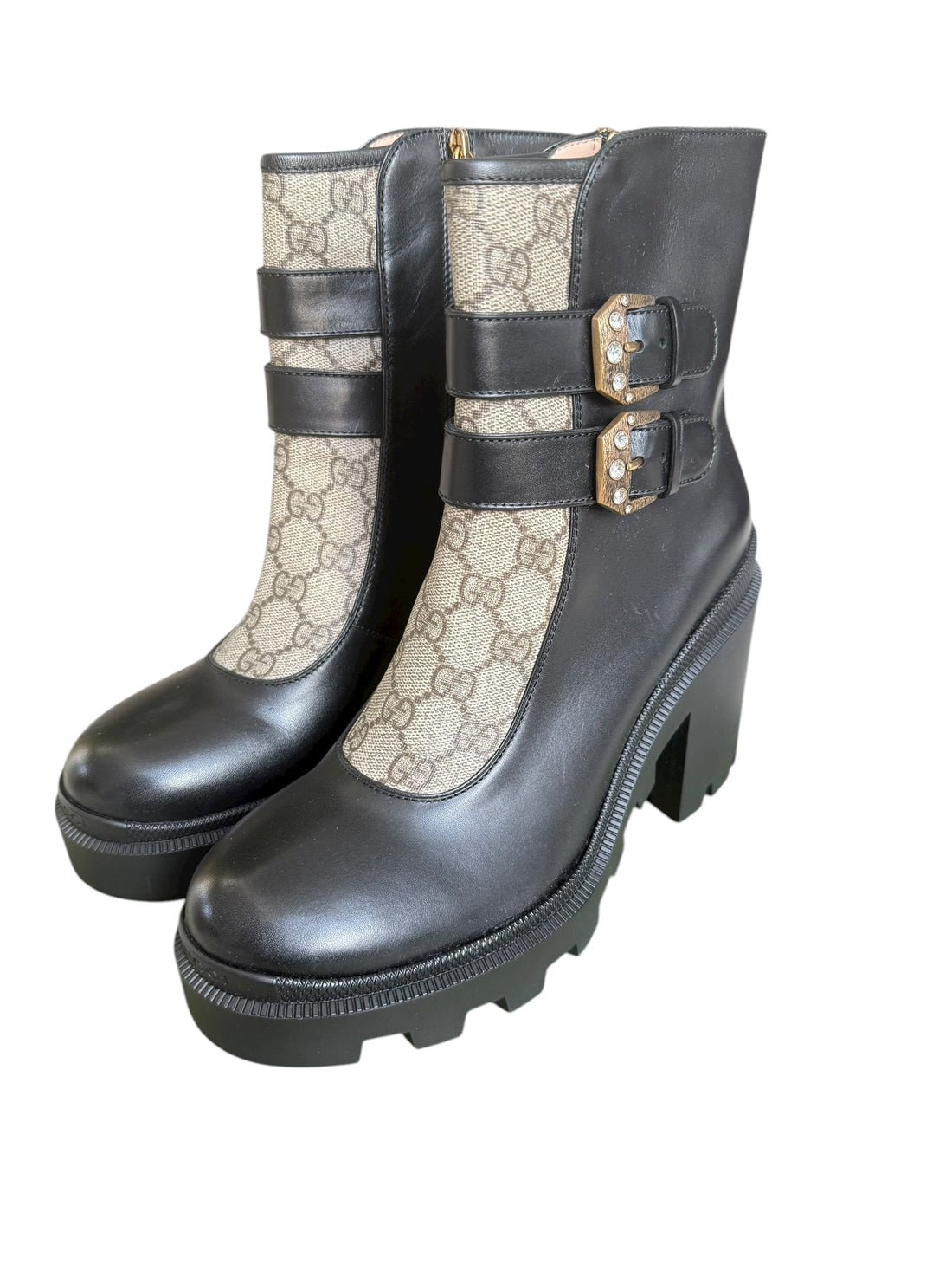 Gucci Stiefeletten aus schwarzem Leder und beigefarbenem Canvas in der Grösse 40.