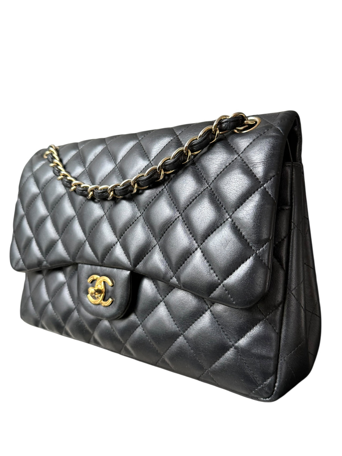 Chanel Classic Timeless Jumbo Double Flap Bag aus schwarzem Lammleder mit goldfarbener Hardware