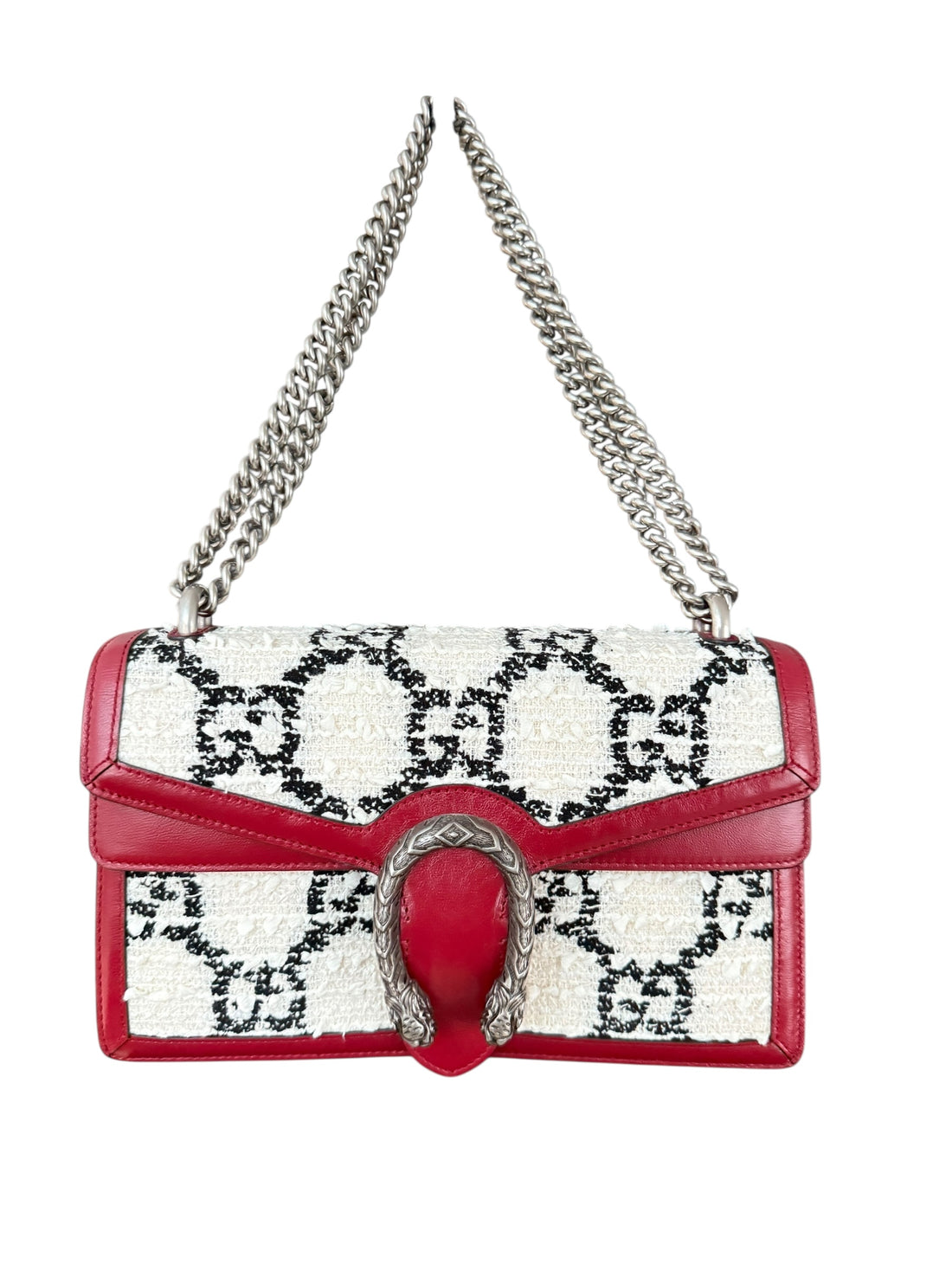 Gucci Dionysus GG Schultertasche Tweed schwarz/weiss/rot.