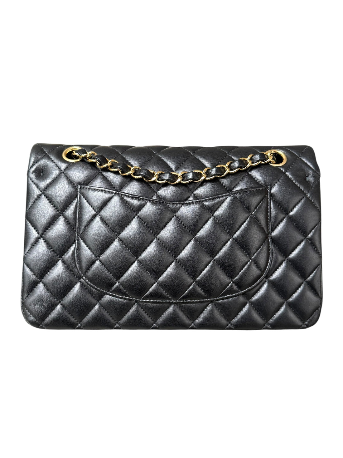 Chanel Classic Medium Timeless Double Flap Bag aus schwarzem Lammleder und goldfarbener Hardware