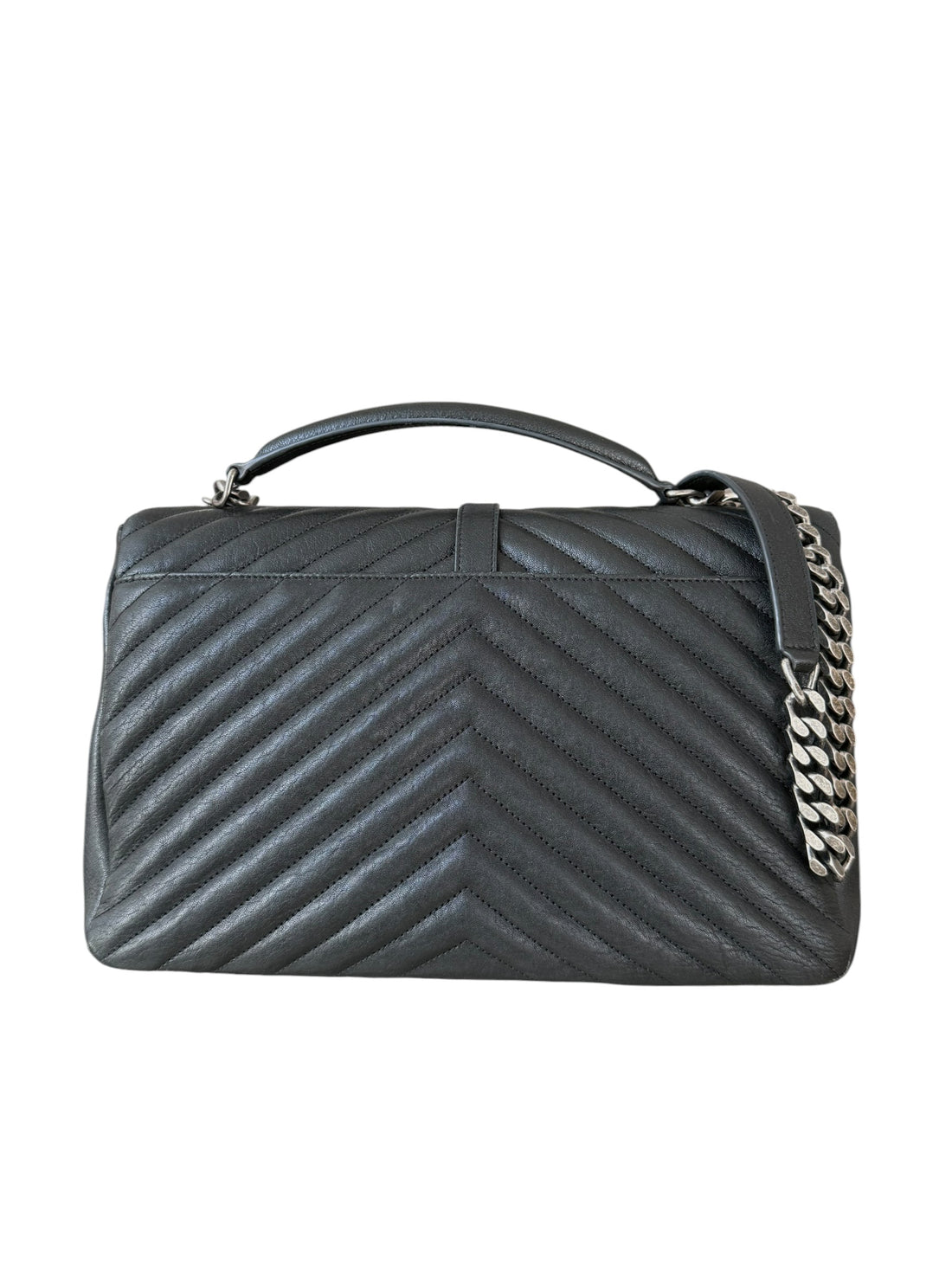 YSL Saint Laurent Collège Schultertasche Large aus gestepptem schwarzem genarbtem Leder mit silbernen Beschlägen