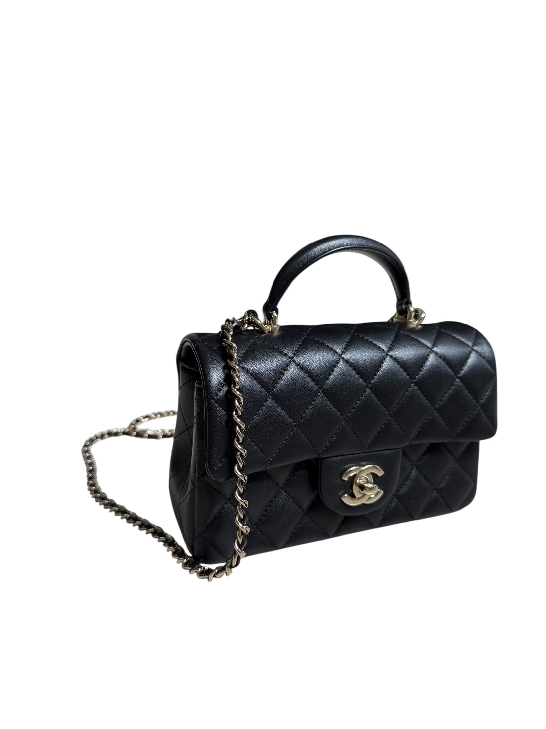 Chanel Mini Classic Flap Bag Handle aus schwarzem Lammleder