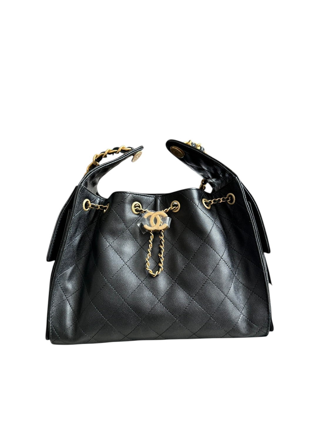 Chanel 25 kleine Hobo Bag aus schwarzem Caviarleder und goldfarbener Hardware