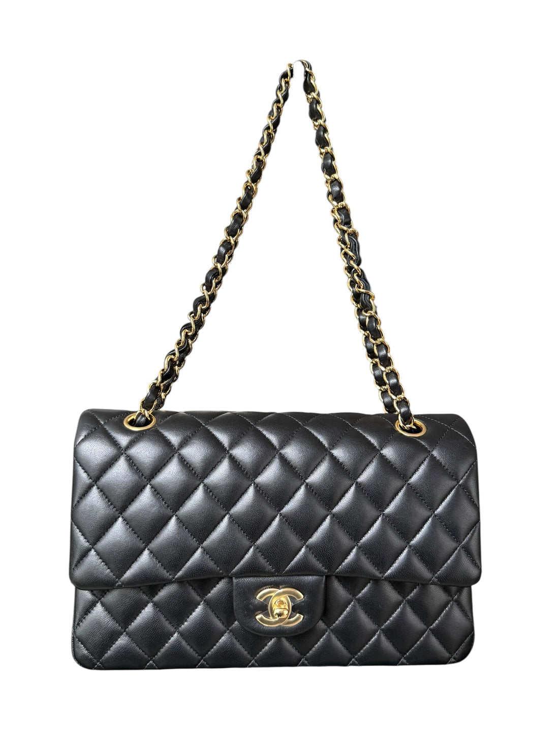 Chanel Classic Medium Timeless Double Flap Bag aus schwarzem Lammleder und goldfarbener Hardware