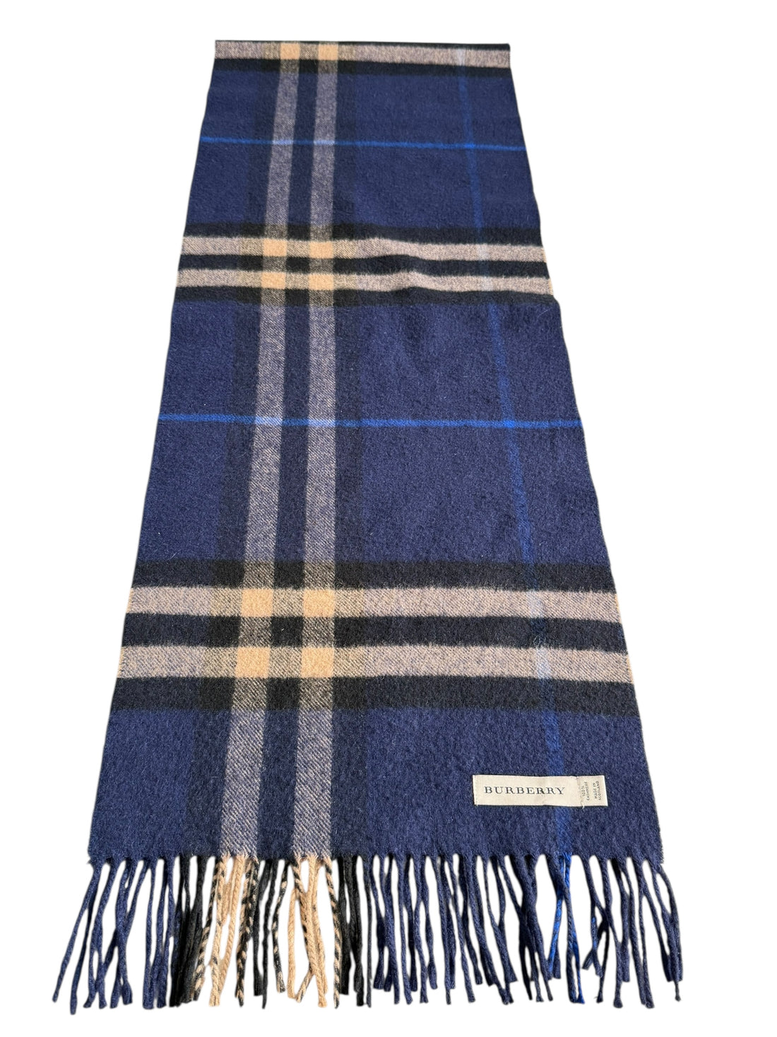 Burberry 100% Cashmere Schal in den Farbeb blau, schwarz und beige