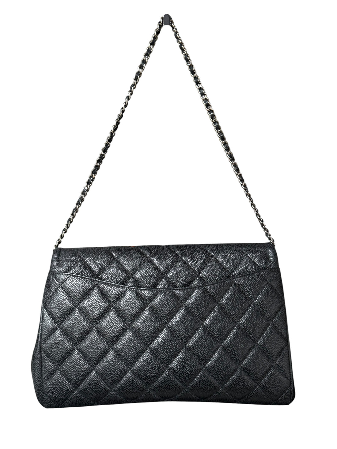 Chanel Classic Timeless Single Flap Bag Clutch aus schwarzem Kaviarleder und silberfarbener Hardware.