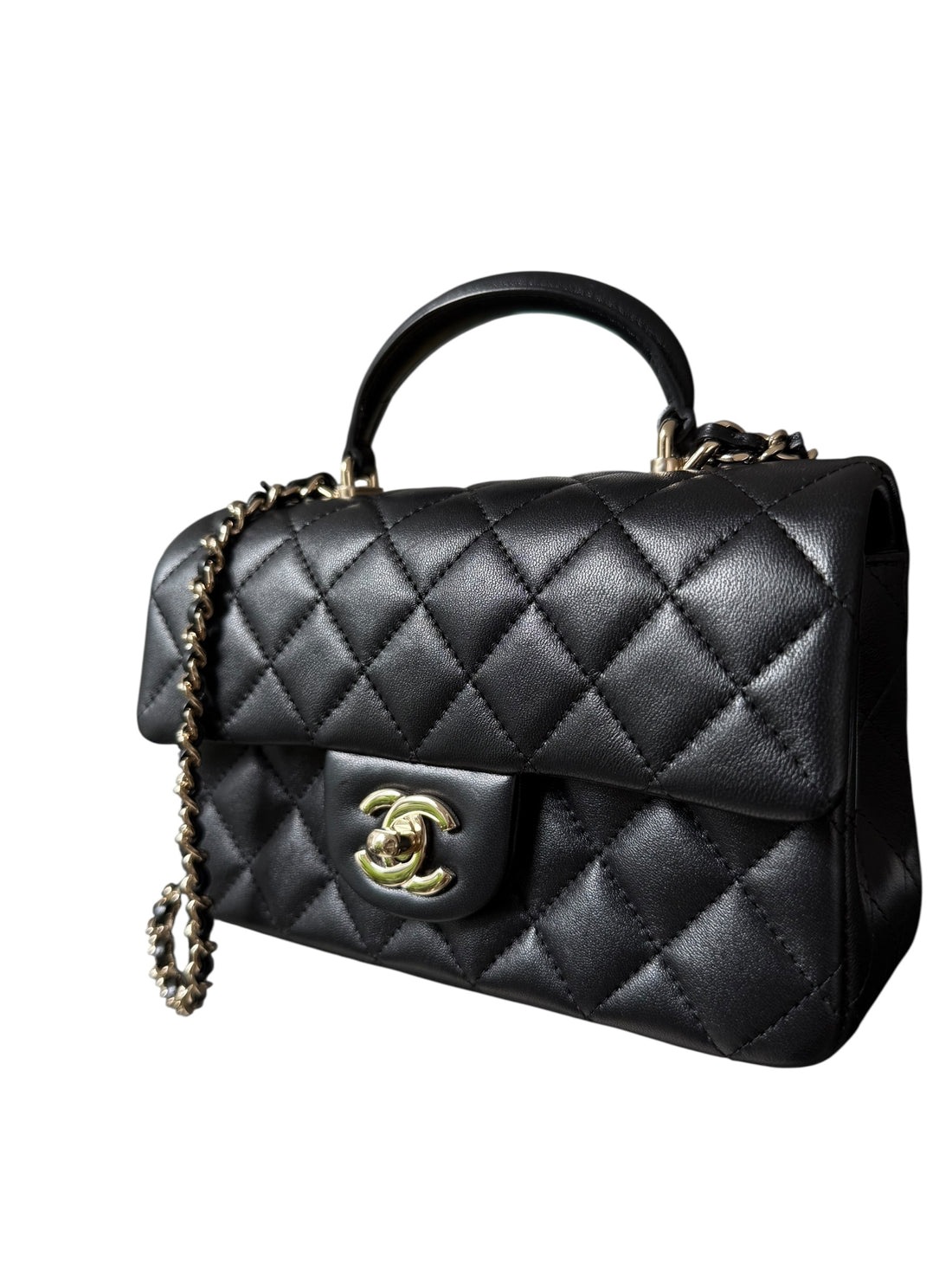 Chanel Mini Classic Flap Bag Handle aus schwarzem Lammleder