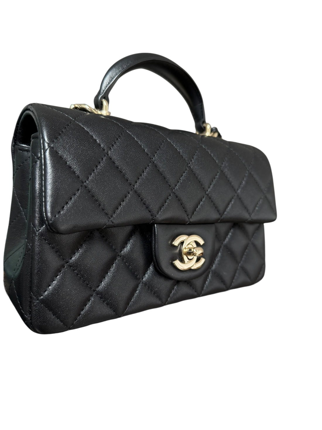 Chanel Mini Classic Flap Bag Handle aus schwarzem Lammleder