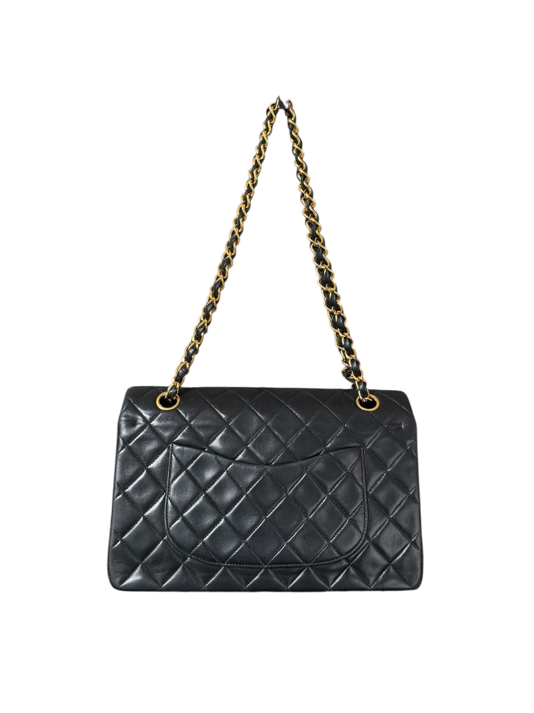 Chanel Medium Classic Double Flap Bag aus schwarzem Lammleder und goldfarbener Hardware