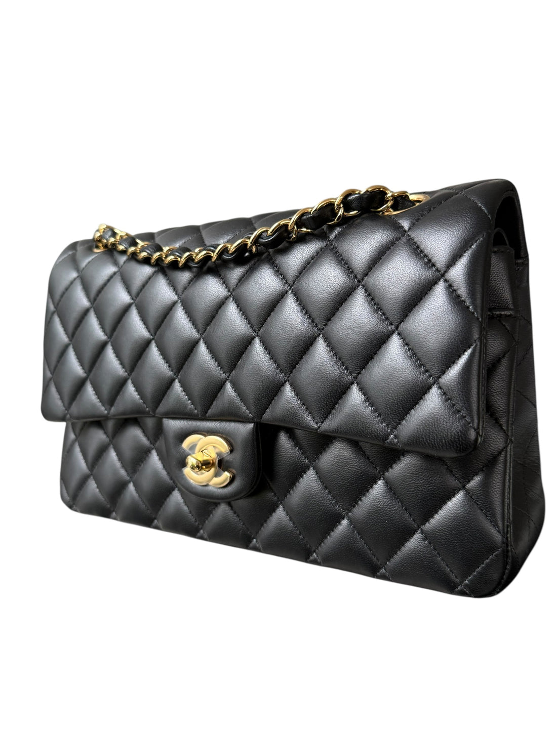 Chanel Classic Medium Timeless Double Flap Bag aus schwarzem Lammleder und goldfarbener Hardware
