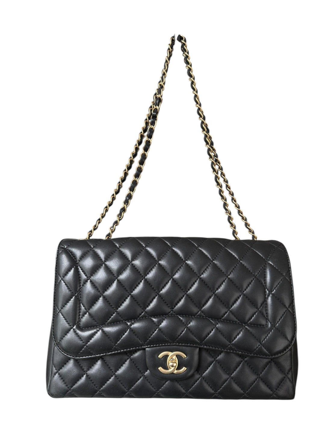 Chanel Classic Timeless Single Flap Bag aus schwarzem Lammleder und lightgoldfarbener Hardware