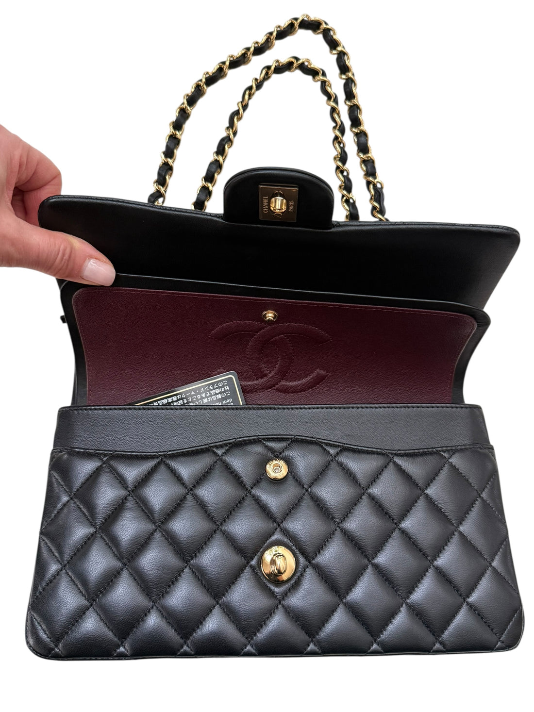 Chanel Classic Medium Timeless Double Flap Bag aus schwarzem Lammleder und goldfarbener Hardware
