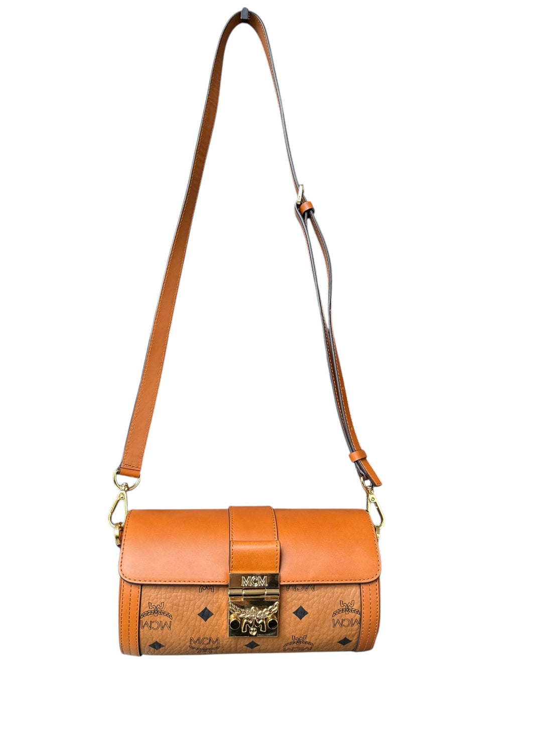 MCM Small Tracy Visetos Zylinder-Umhängetasche in Cognac-braunem beschichtetem Canvas und Leder.