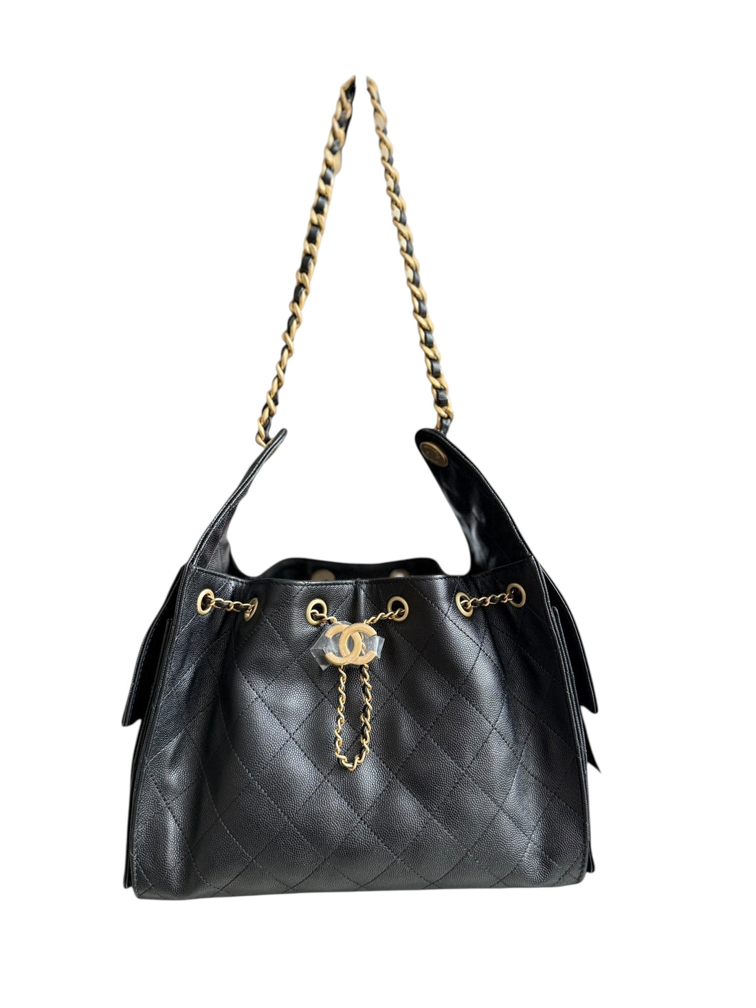 Chanel 25 kleine Hobo Bag aus schwarzem Caviarleder und goldfarbener Hardware