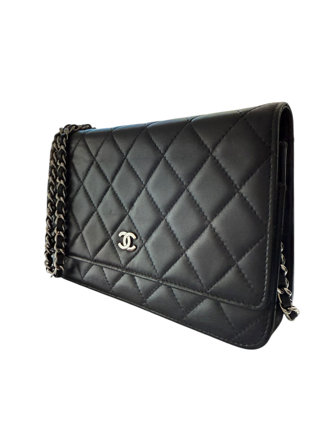 Chanel WOC Wallet on Chain aus schwarzem Lammleder und silberfarbener Hardware