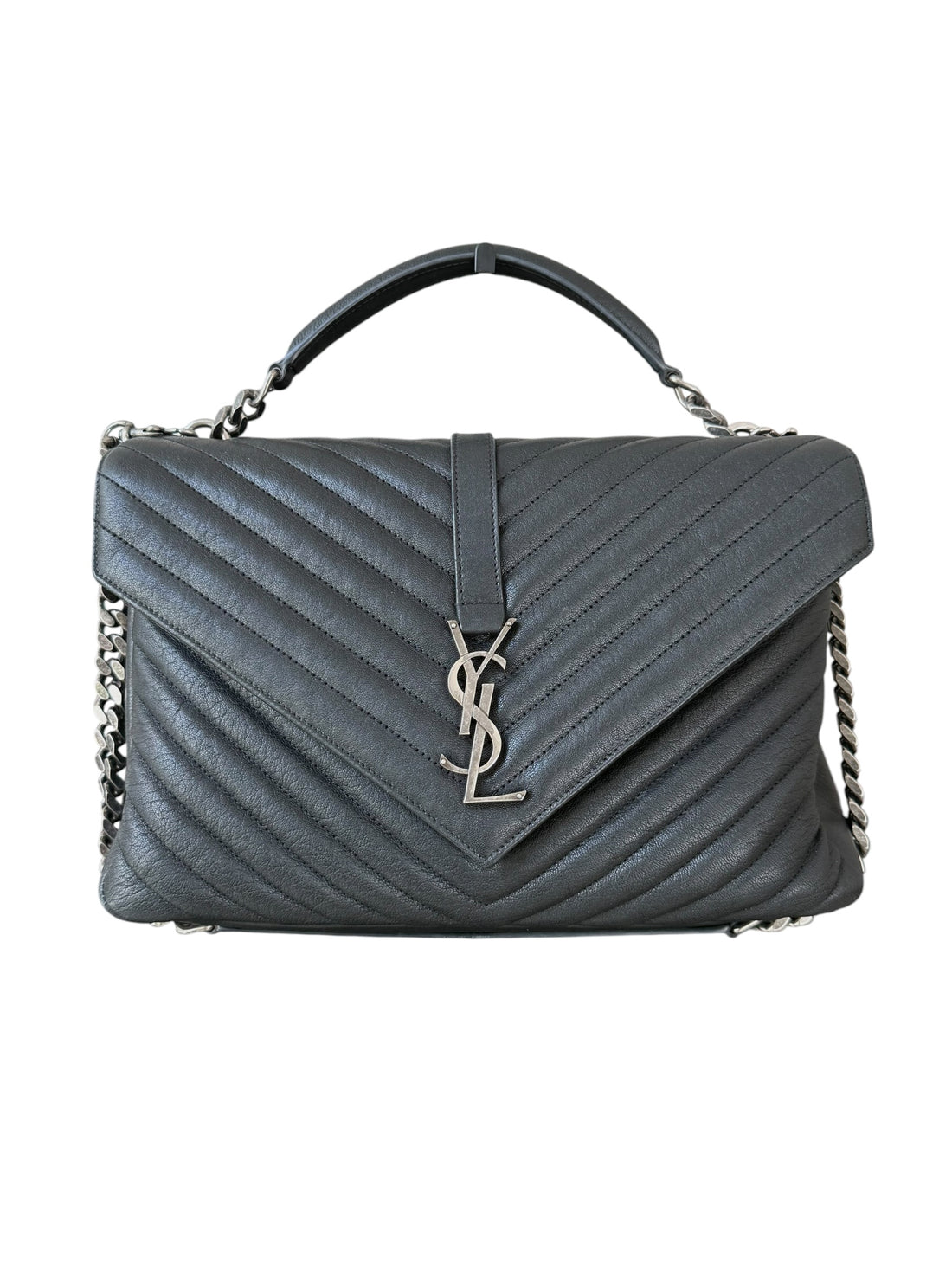 YSL Saint Laurent Collège Schultertasche Large aus gestepptem schwarzem genarbtem Leder mit silbernen Beschlägen