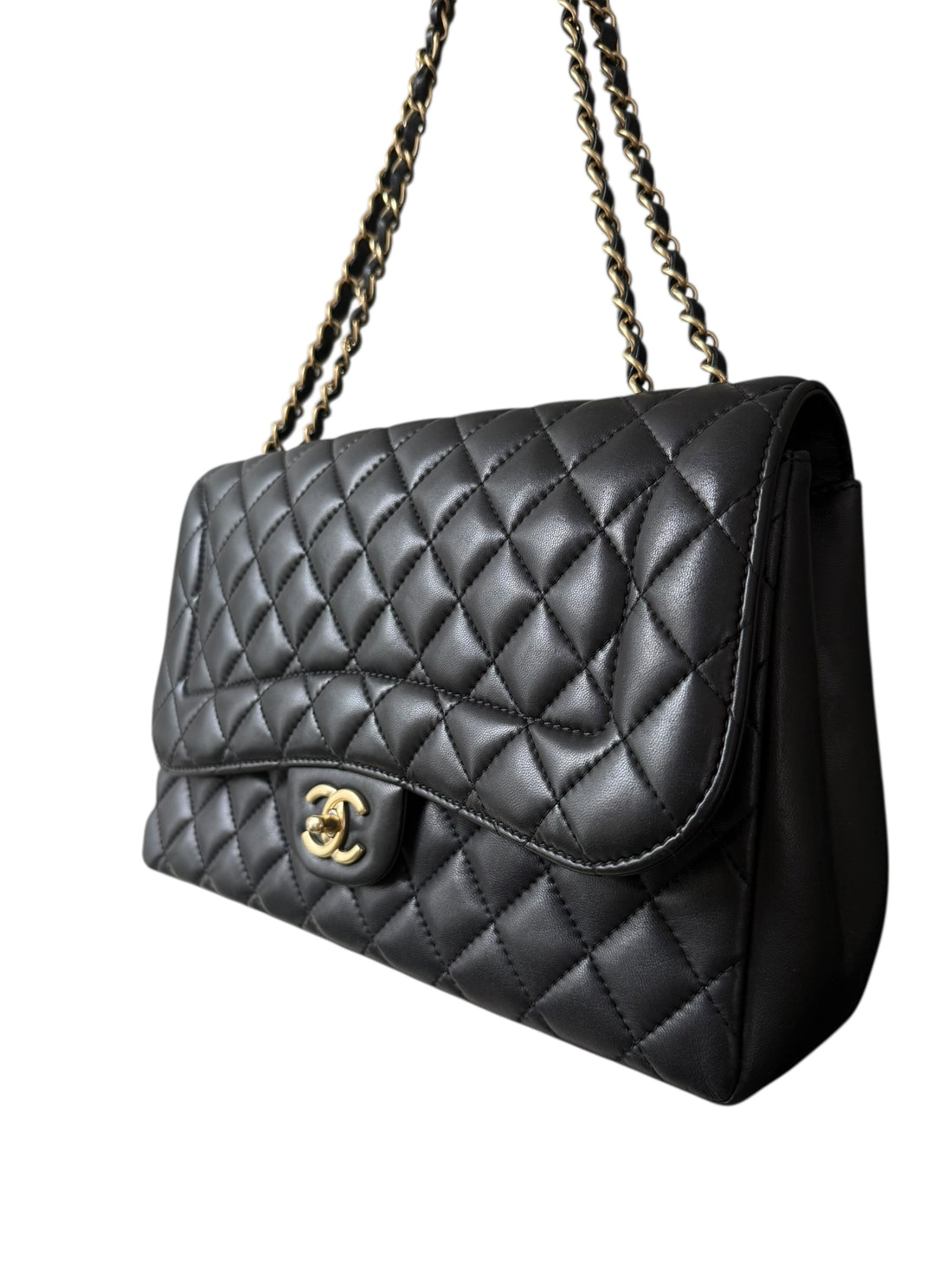 Chanel Classic Timeless Single Flap Bag aus schwarzem Lammleder und lightgoldfarbener Hardware